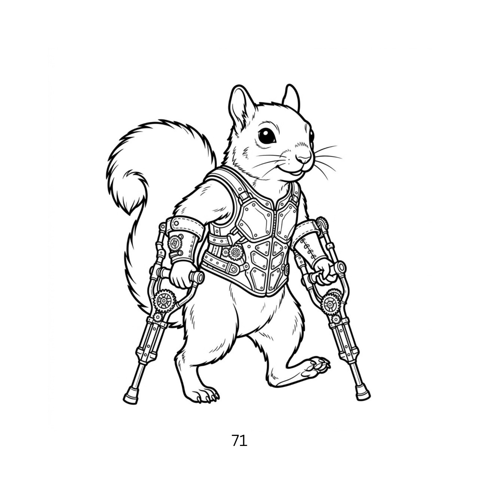 Steampunk squirrel character wearing an orthopedic brace and using crutches